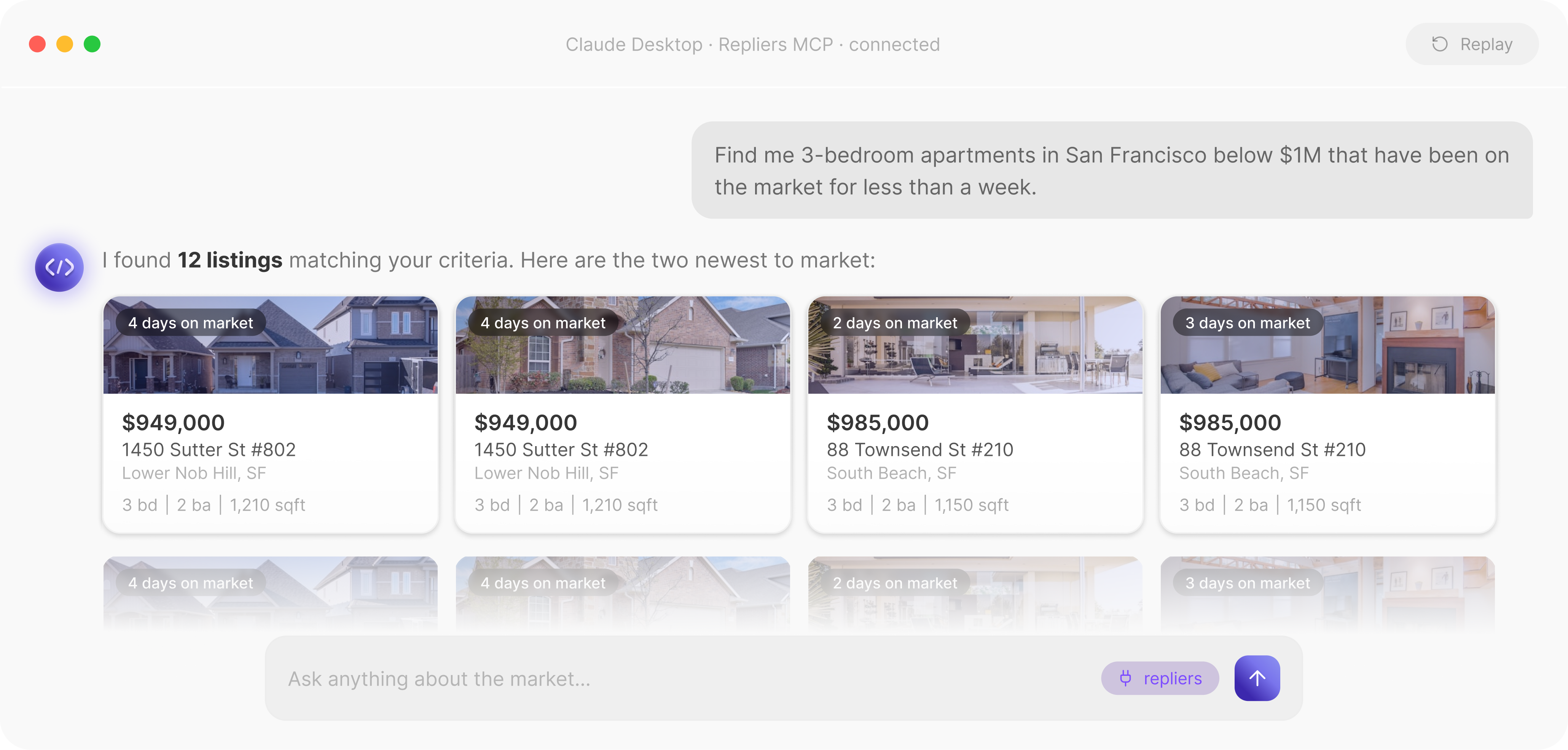 Repliers MCP connected to Claude Desktop